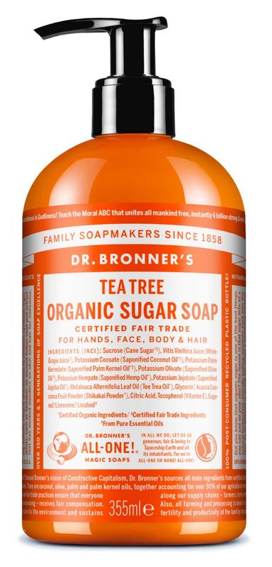 Dr Bronners Shikakai tea tree soap in a 355ml bottle with natural ingredients and a clear label, suitable for gentle cleansing.