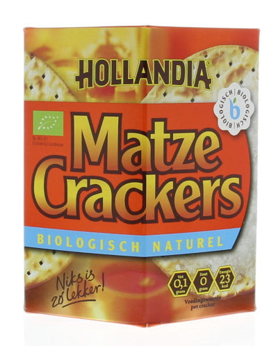 Hollandia Matze crackers naturel bio 100g, crisp whole grain bread slices with a rustic appearance and golden-brown crust.