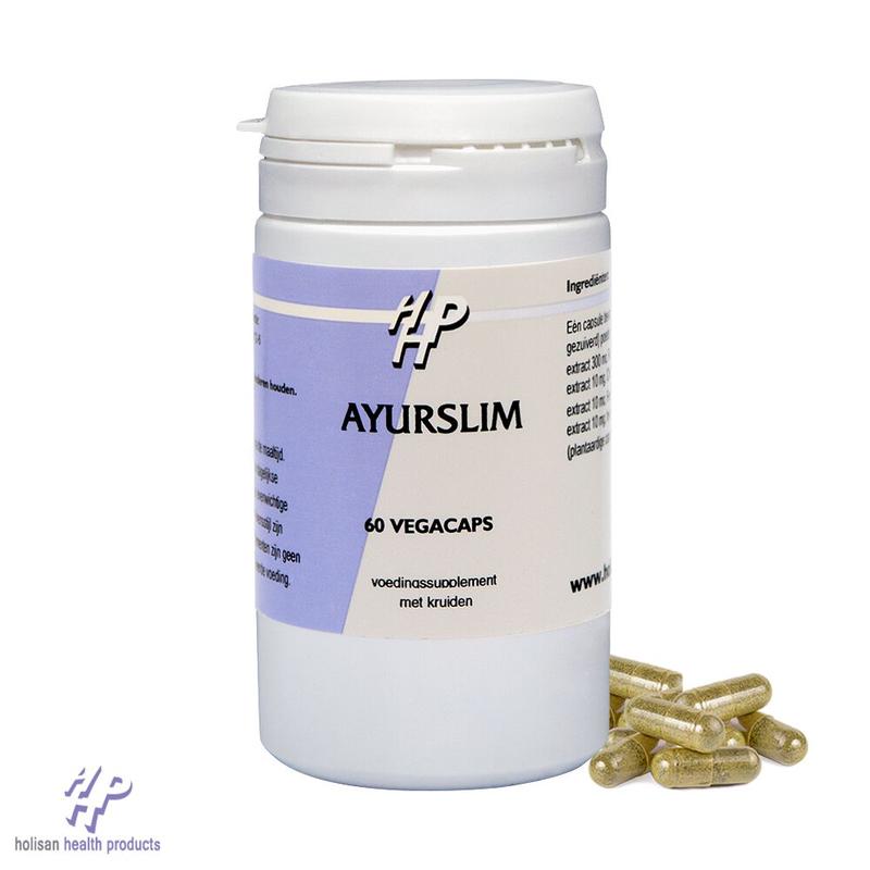 Holisan Ayurslim capsules in a bottle, herbal supplement for health and wellness, part of Holisan's kruidenpreparaten collection.