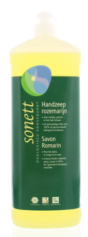 Sonett Rozemarijn vloeibare handzeep in 1 liter bottle, natural handverzorging with rosemary scent, suitable for gentle hand cleaning.