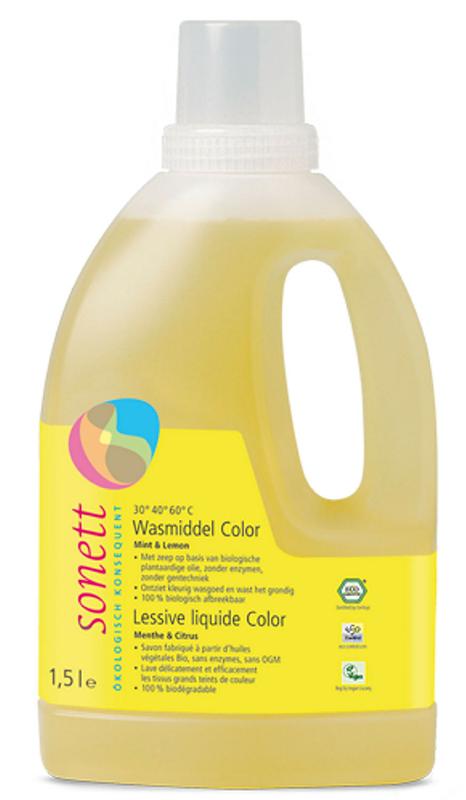 Sonett liquid laundry detergent for colors, 1500ml, eco-friendly washing product with natural ingredients.