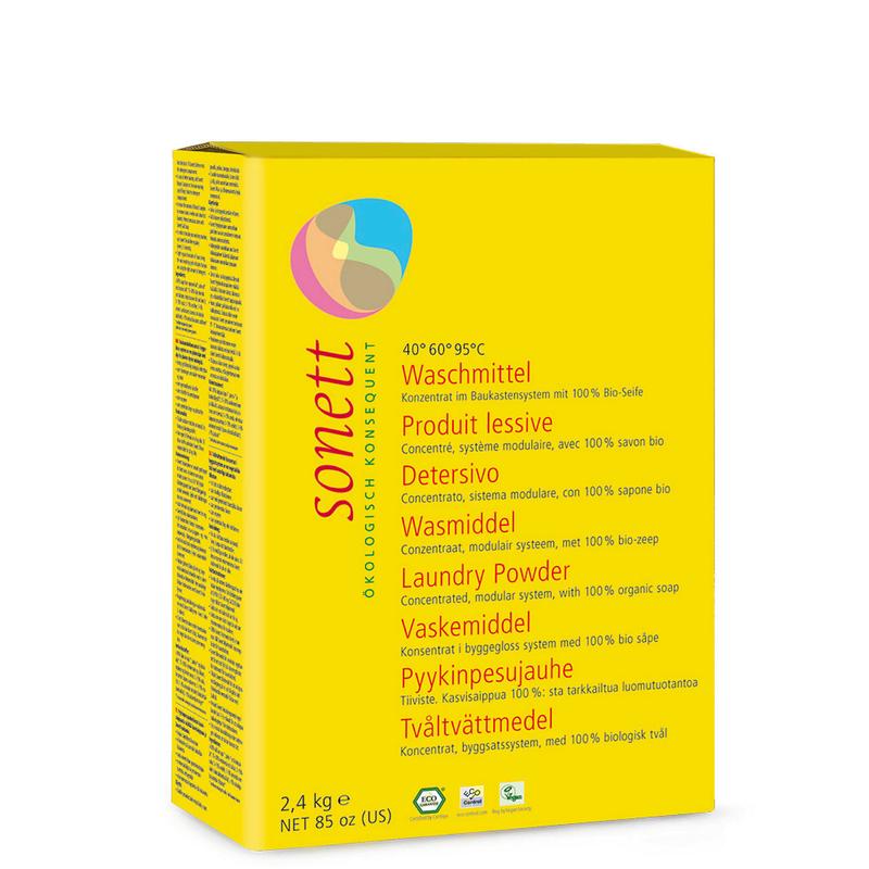 Sonett Wasmiddel compact 2400g natural laundry detergent in a white box, suitable for eco-friendly washing.