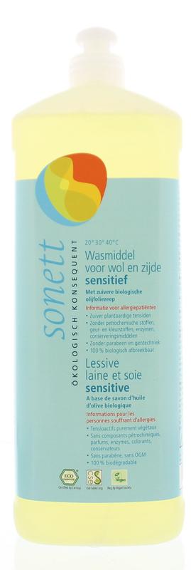 Sonett Wasmiddel wol & zijde sensitive 1 liter bottle, eco-friendly laundry detergent for wool and silk fabrics.