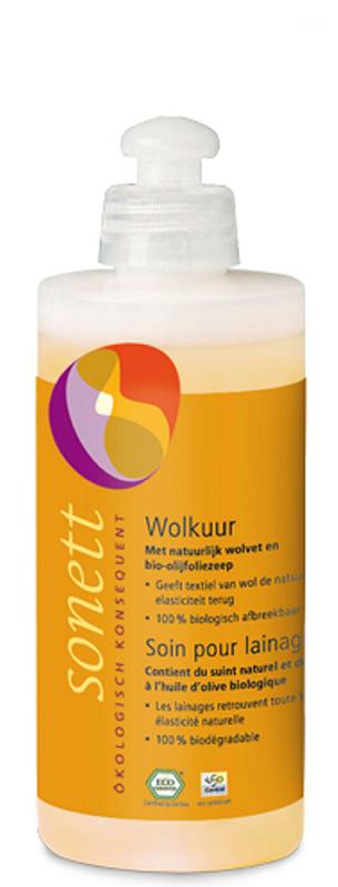 Sonett Wolkuur 300ml natural laundry detergent bottle with label, eco-friendly wasmiddelen for gentle fabric cleaning.