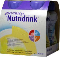 Nutridrink Vanille medical diet nutrition bottles, 200ml each, pack of four, vanilla flavor, medical dietary supplement.