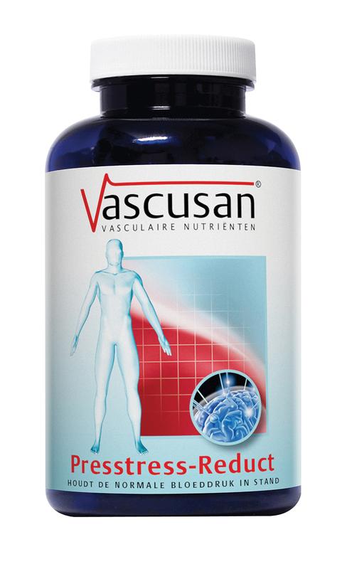 Vascusan Vascusan Presstress Reduct herbal supplement box with 60 tablets, featuring green and white packaging with product details