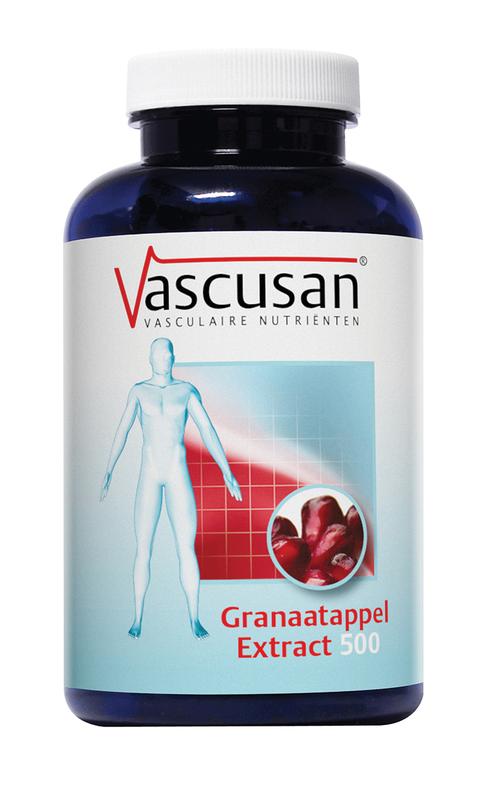 Vascusan Granaatappel extract 500mg herbal supplement in a bottle of 60 tablets, natural antioxidant support.