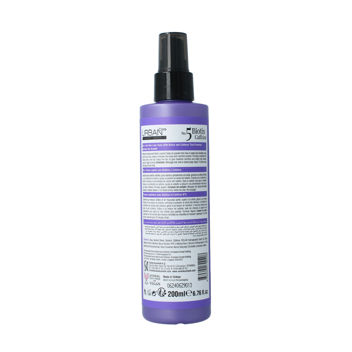 Urban Care Expert hair tonic spray with biotin and caffeine in a 200ml bottle for hair care.