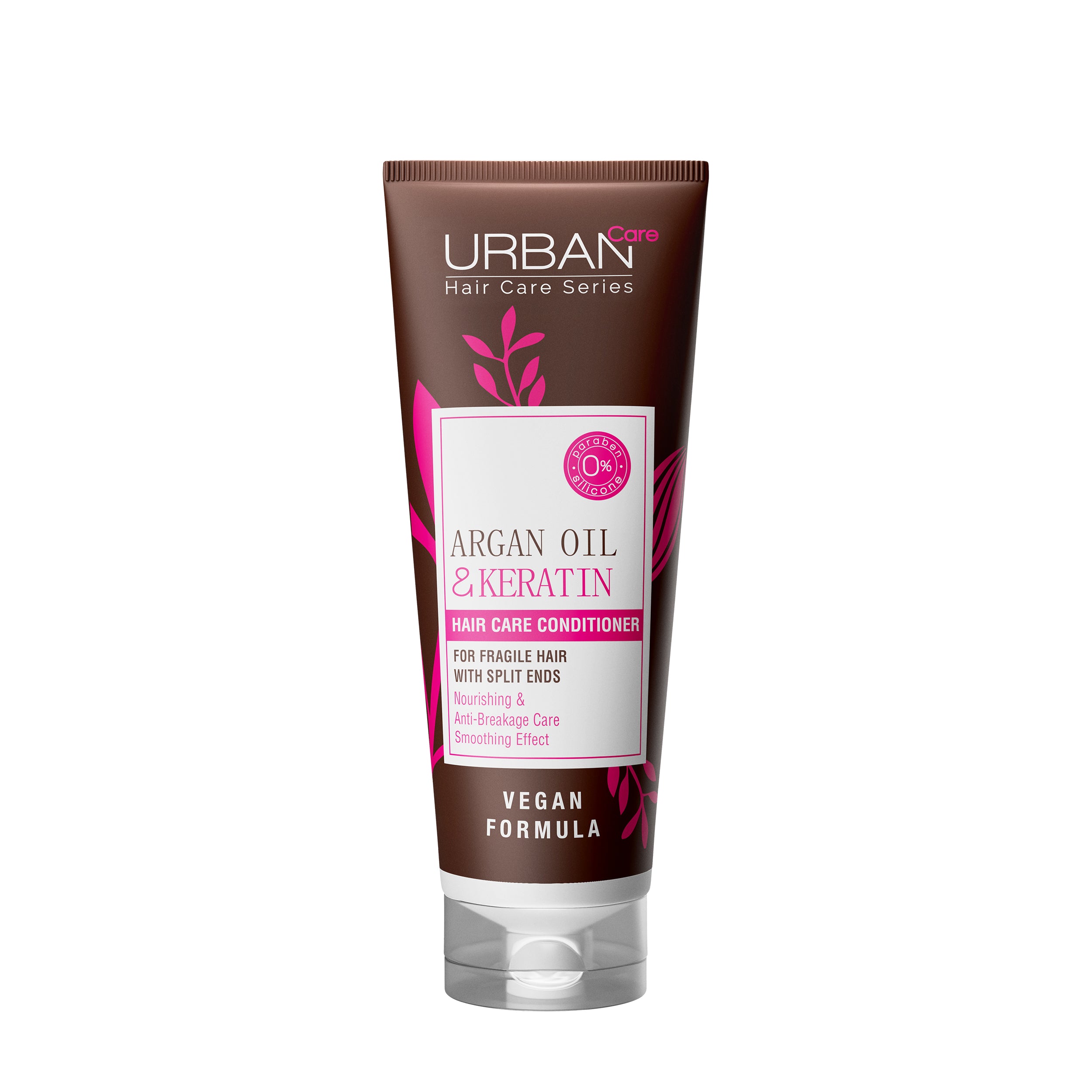 Urban Care Argan Oil & Keratin Conditioner for hair care, 250ml bottle with sleek packaging and label visible.