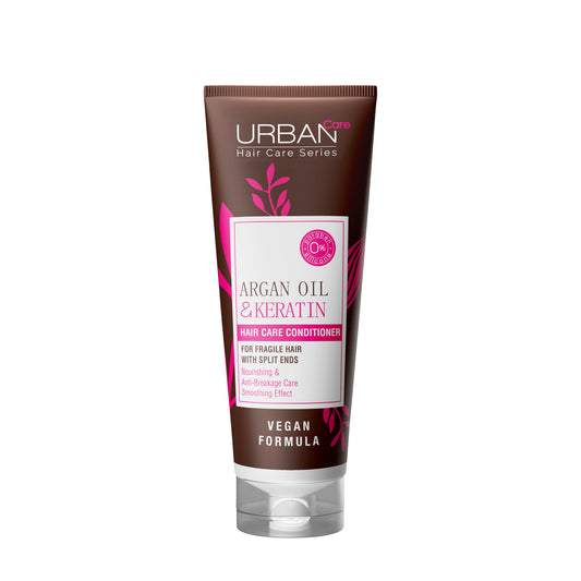 Urban Care Argan Oil & Keratin Conditioner for hair care, 250ml bottle with sleek packaging and label visible.
