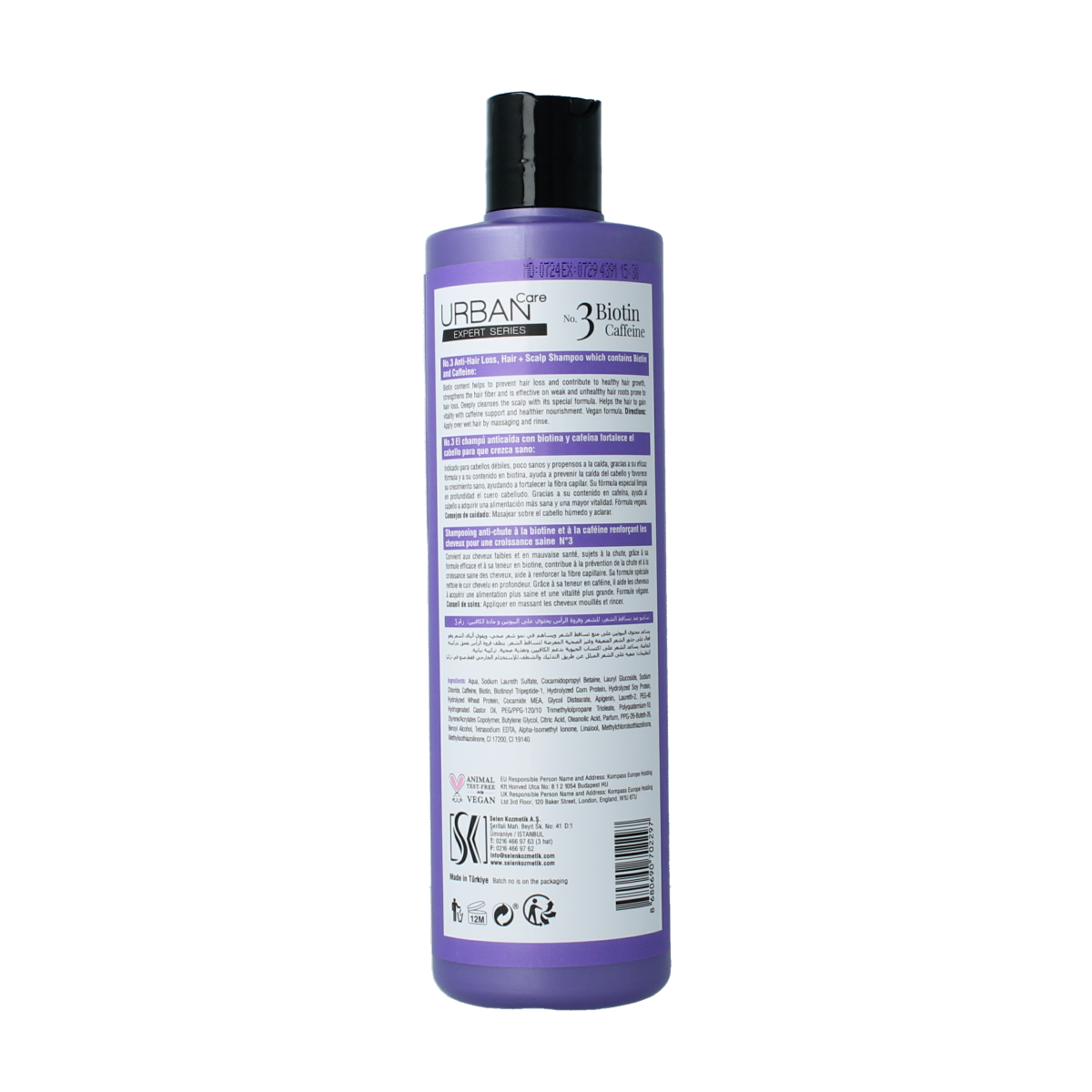 Urban Care Expert hair and scalp shampoo with biotin and caffeine, 350ml bottle, designed for healthy hair and scalp.