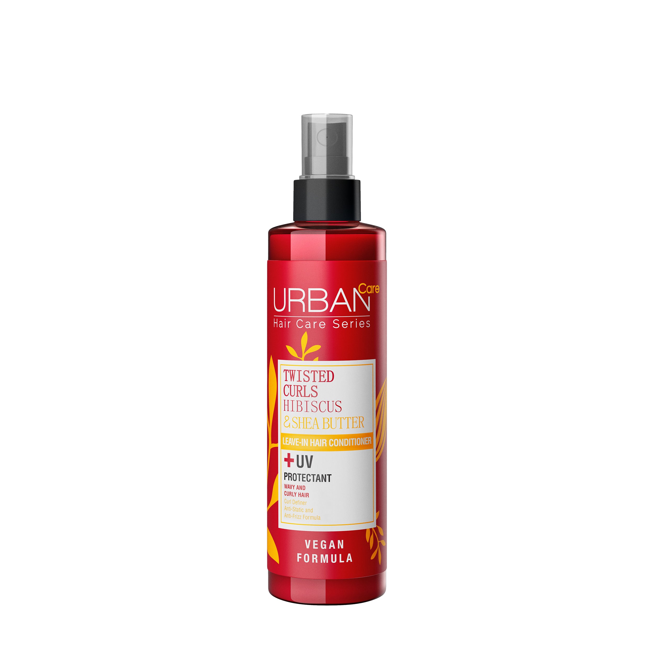 Urban Care Hibiscus and shea butter leave-in conditioner bottle for hair care, 200ml, with colorful label and pump dispenser.
