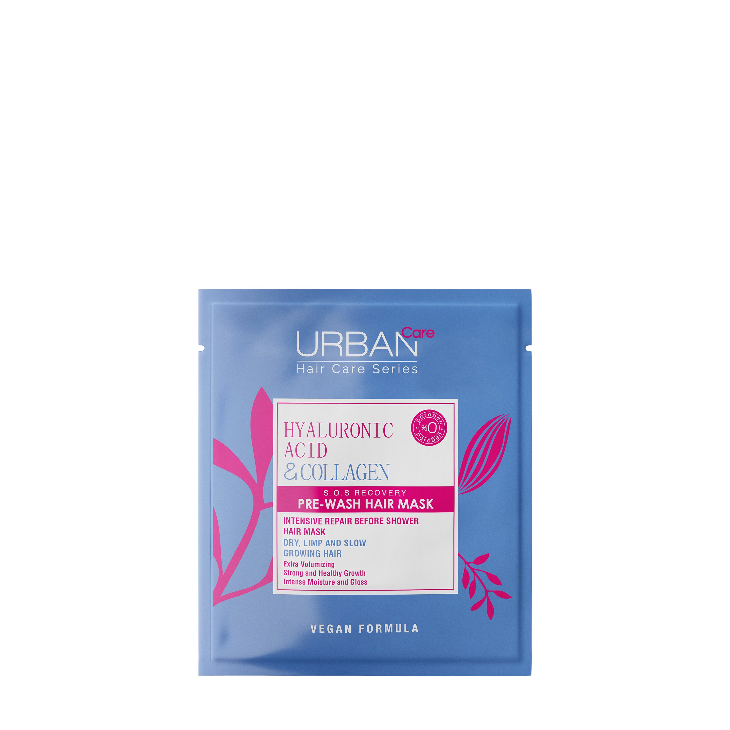 Urban Care Hyaluronic Acid & Collagen pre-wash hair mask in 50ml container, ideal for nourishing hair care treatment.