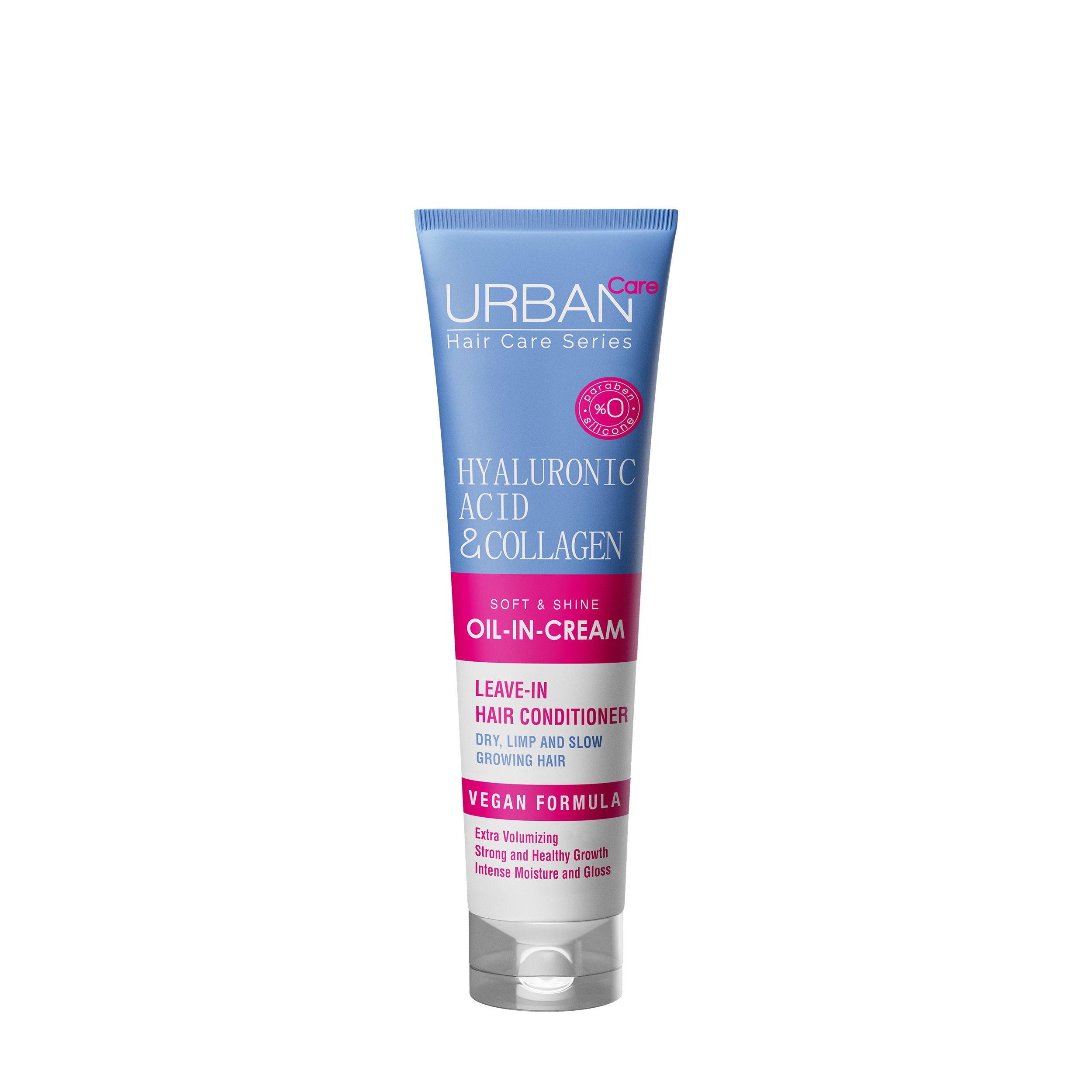 Urban Care hyaluronic acid and collagen hair care cream in a 150ml jar, showing the creamy texture and product packaging.
