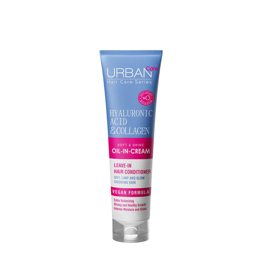 Urban Care hyaluronic acid and collagen hair care cream in a 150ml jar, showing the creamy texture and product packaging.