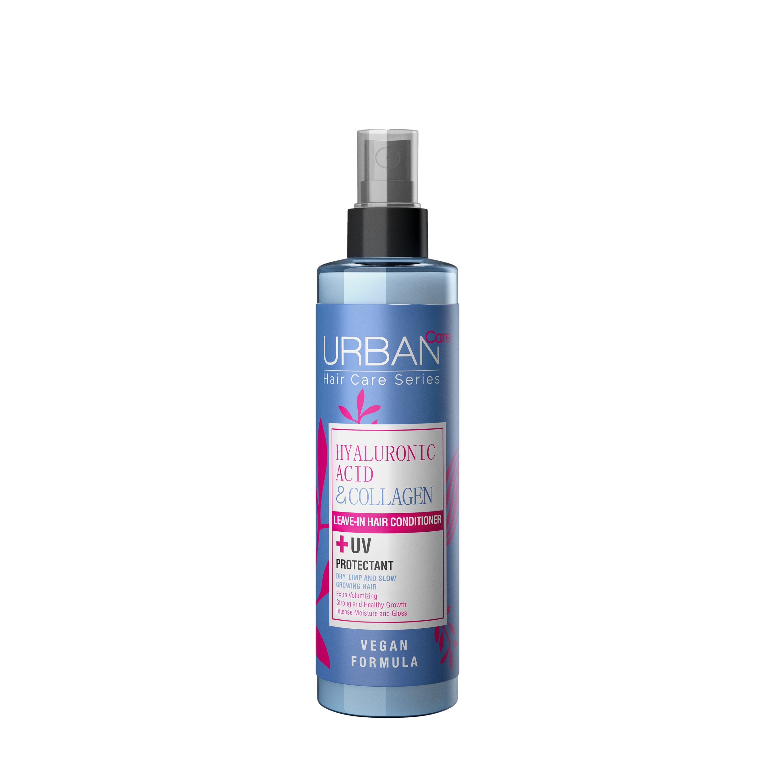 Urban Care hyaluronic acid and collagen leave-in conditioner for hair, 200ml, in a pump bottle with a white and blue label.