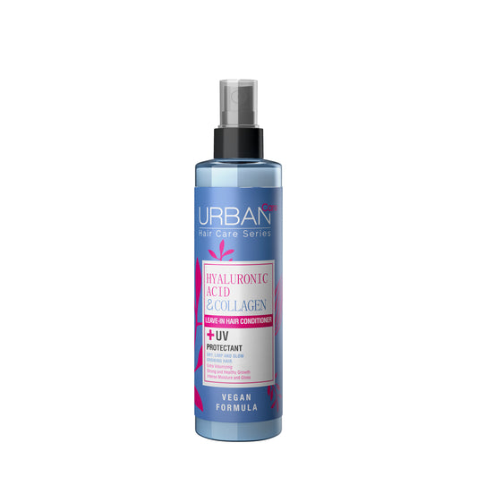 Urban Care hyaluronic acid and collagen leave-in conditioner for hair, 200ml, in a pump bottle with a white and blue label.