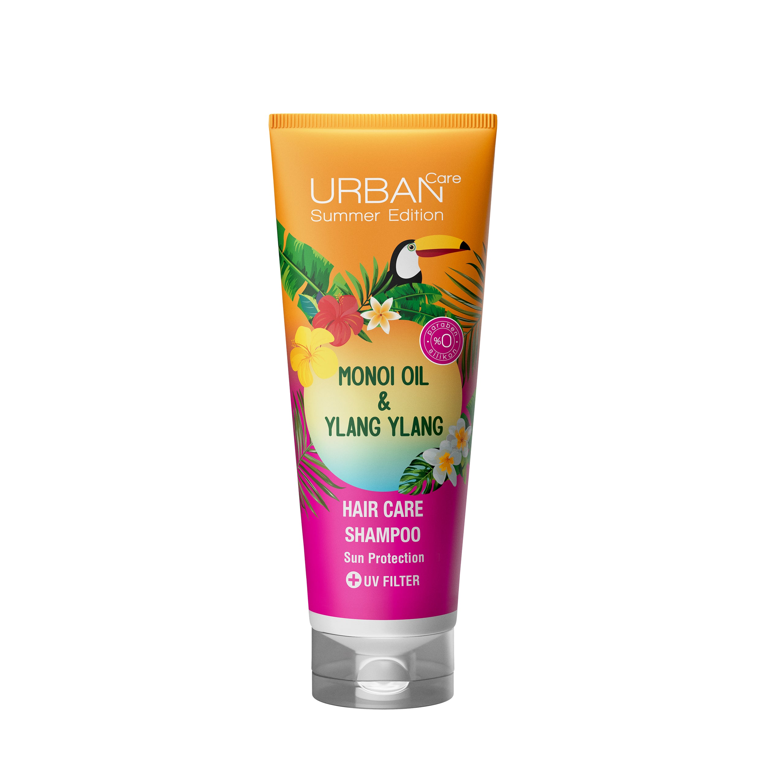 Urban Care Monoi & ylang ylang shampoo bottle, 250ml, for hair care with floral scent and nourishing ingredients.