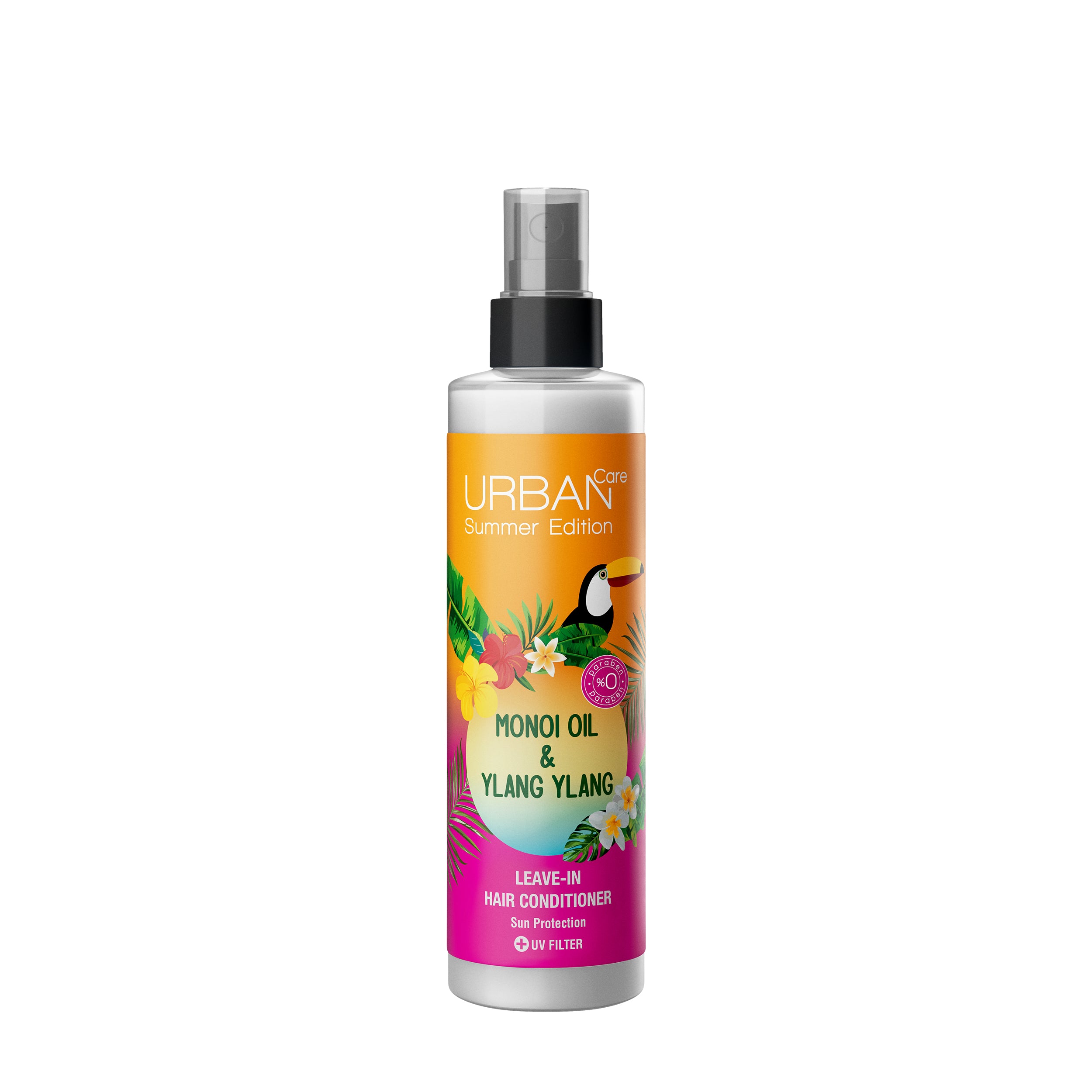 Urban Care Monoi and ylang ylang leave-in conditioner bottle, 200ml, for hair care and nourishment.