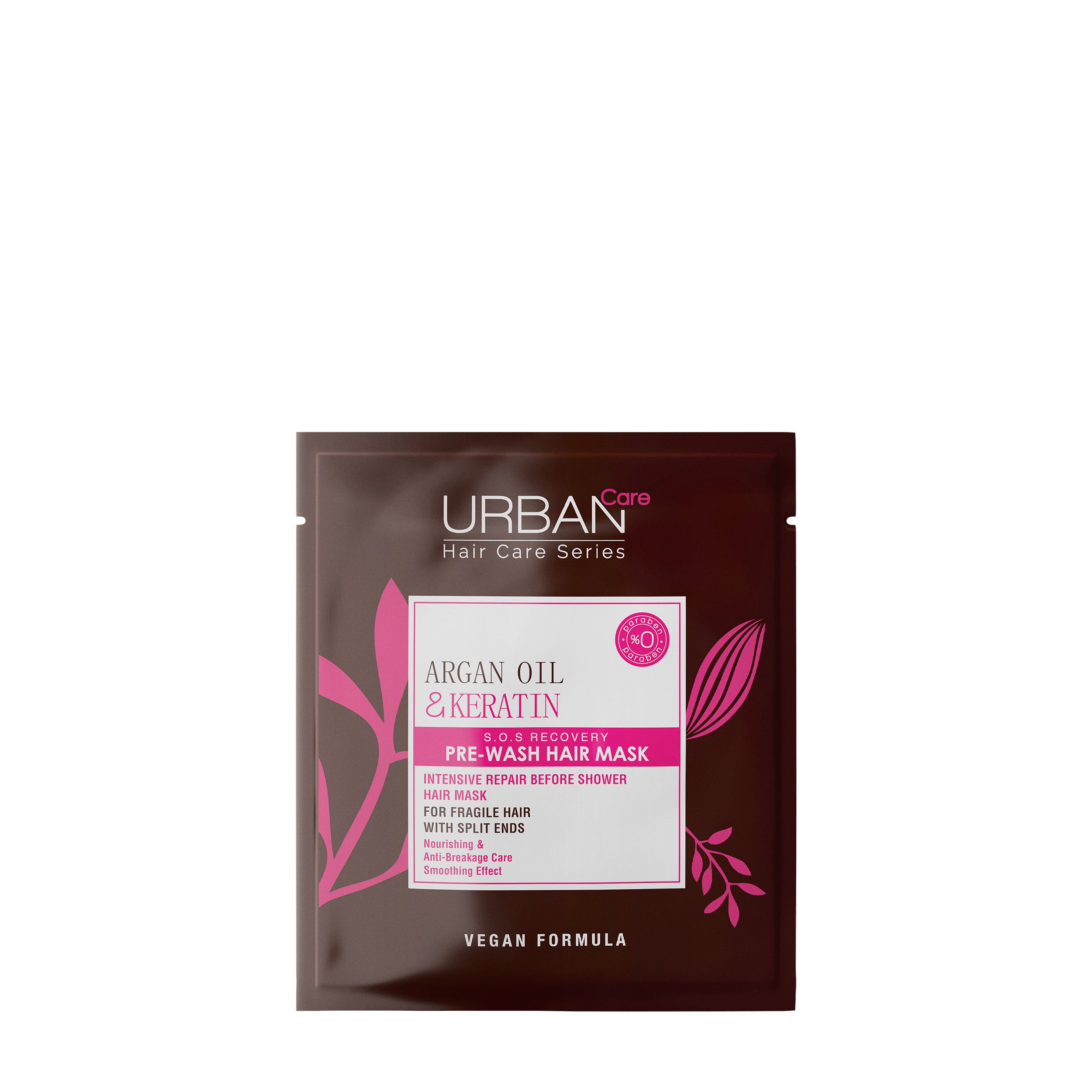 Urban Care Argan Oil & Keratin Pre-Wash Hair Mask in 50ml bottle, nourishing hair care treatment with natural ingredients.