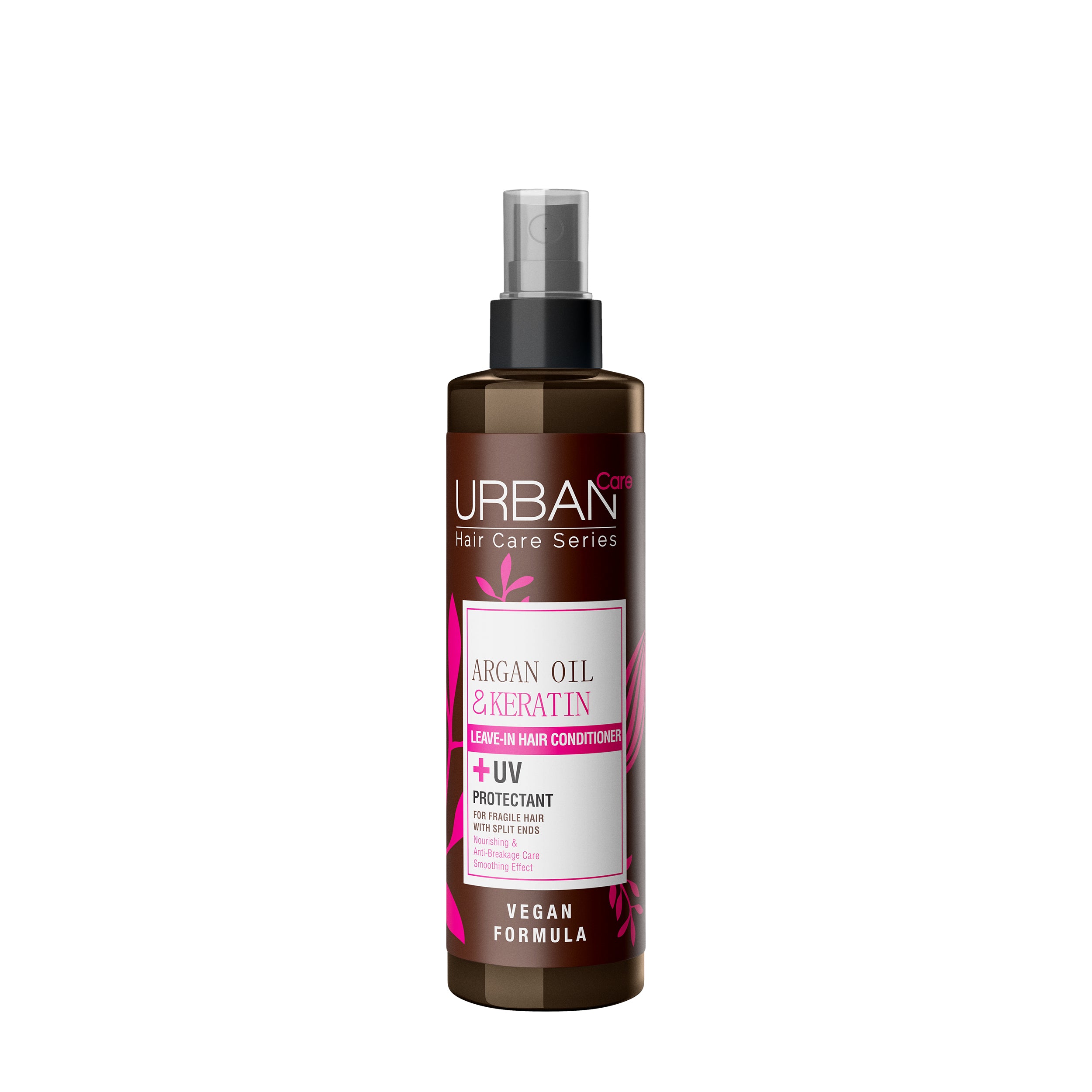 Urban Care Argan oil and keratin leave-in conditioner spray for hair, 200ml bottle with a spray nozzle.