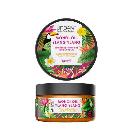 Urban Care Monoi and ylang ylang exfoliating body scrub in a 200ml container, showing the product and packaging.