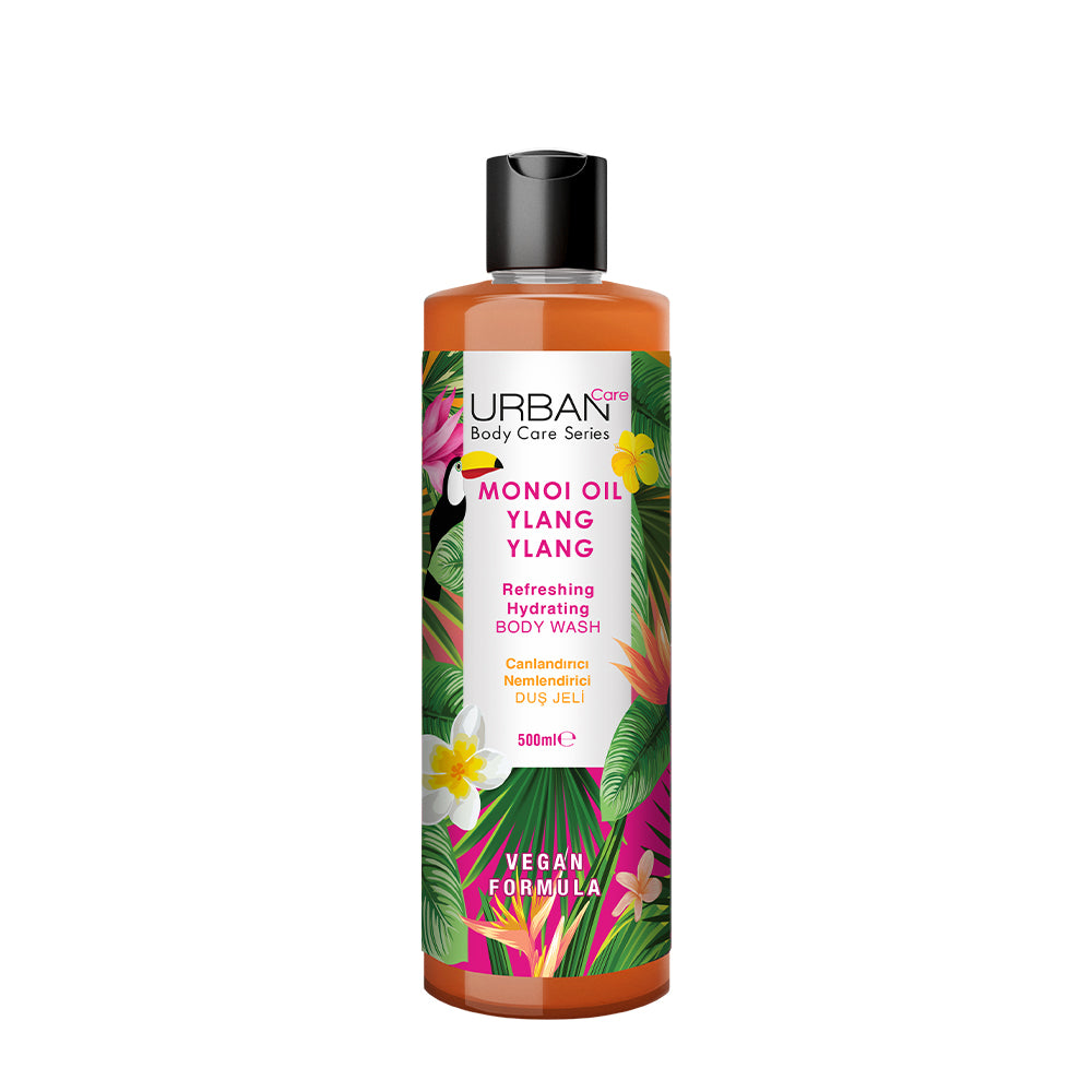 Urban Care Monoi & ylang ylang body wash in a 500ml bottle, featuring floral scent and refreshing body cleansing formula.
