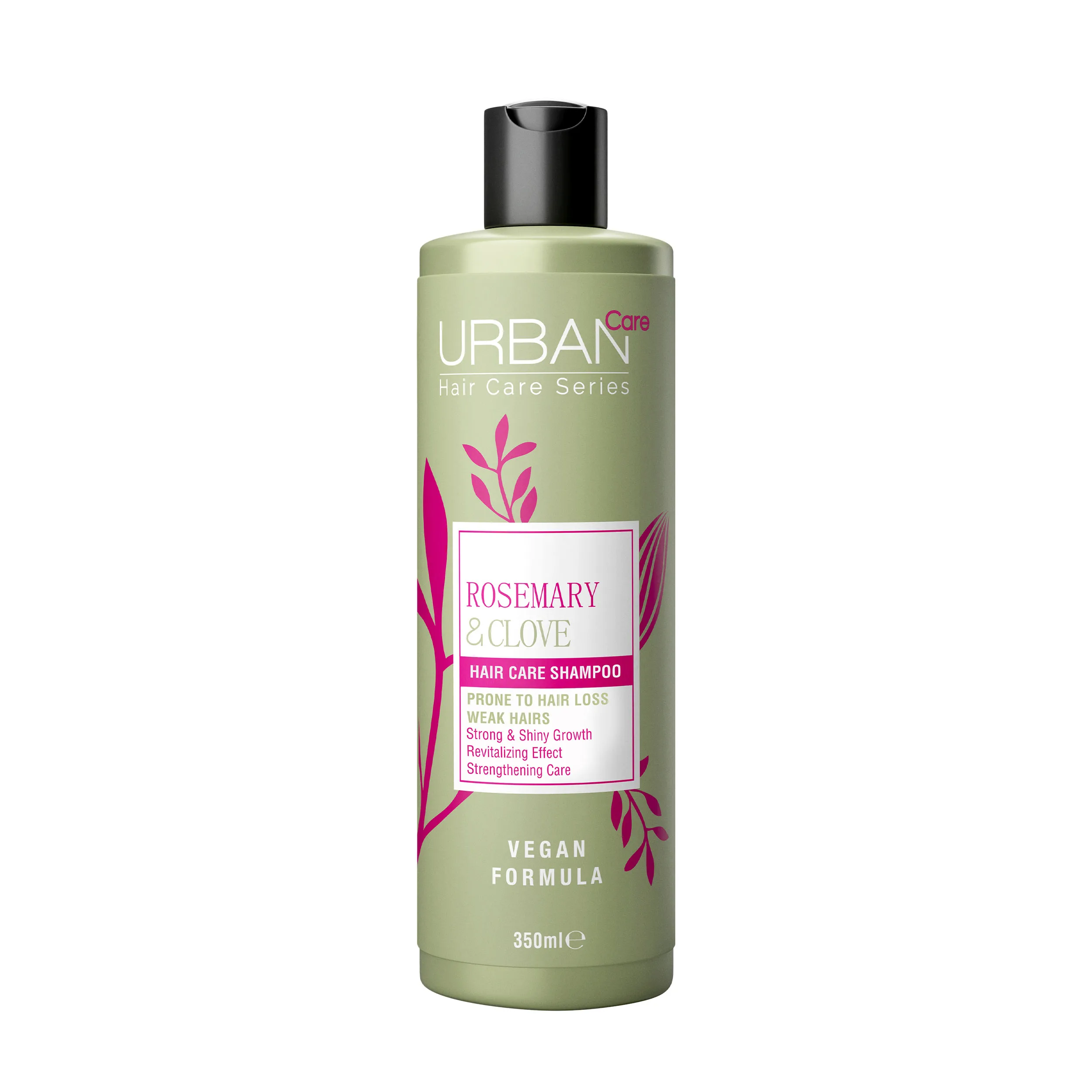 Urban Care Rosemary & Clove shampoo bottle for strengthening hair, shown in a 350ml size, with herbal ingredients visible on the label.