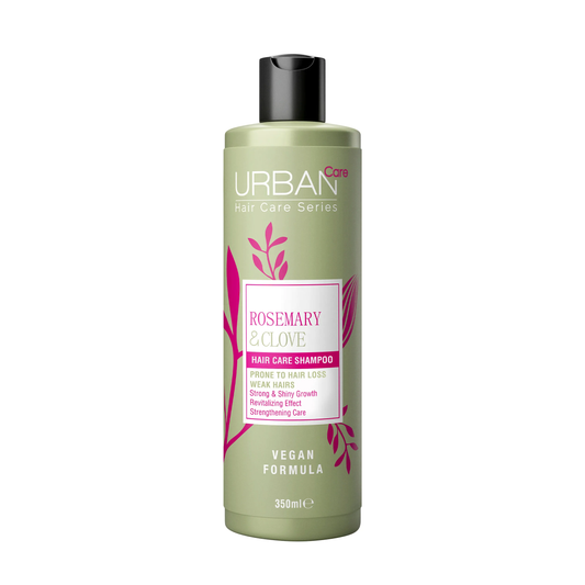 Urban Care Rosemary & Clove shampoo bottle for strengthening hair, shown in a 350ml size, with herbal ingredients visible on the label.