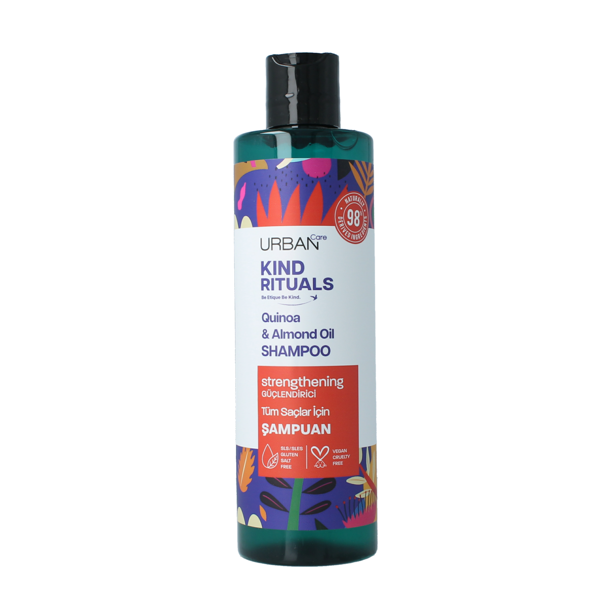 Urban Care Kind Rituals quinoa and almond shampoo bottle, 400ml, featuring a sleek design for nourishing hair care.