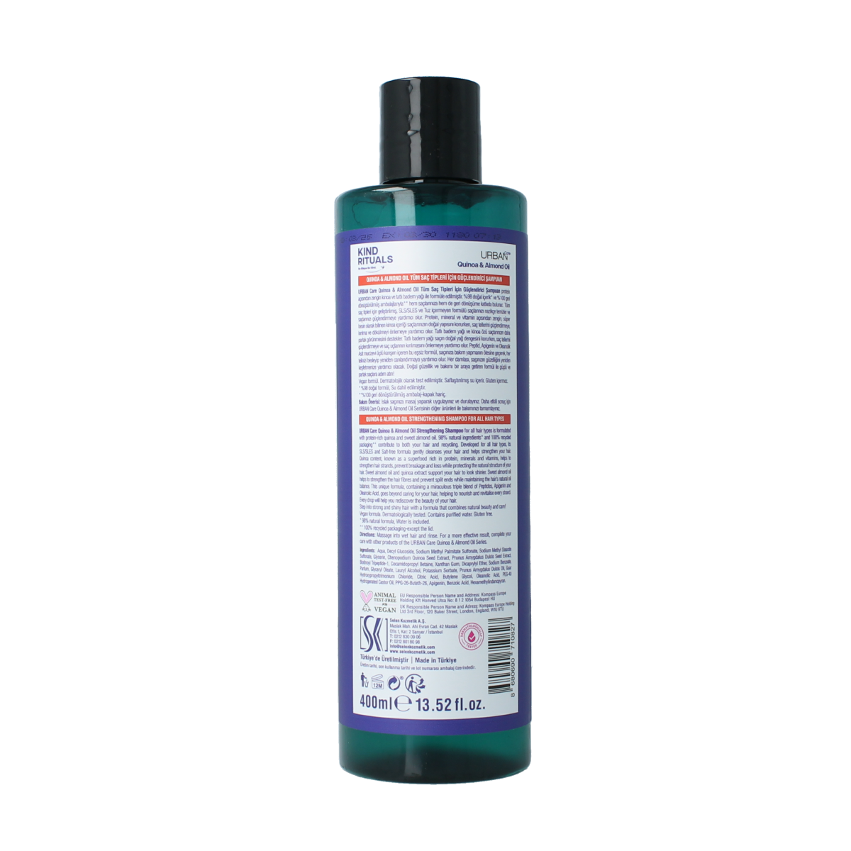 Urban Care Kind Rituals quinoa and almond shampoo bottle, 400ml, with label featuring natural ingredients and product branding.