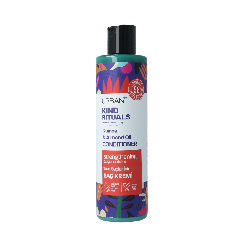 Urban Care Kind Rituals quinoa and almond hair conditioner bottle, 250ml, with a white and beige label and pump dispenser.
