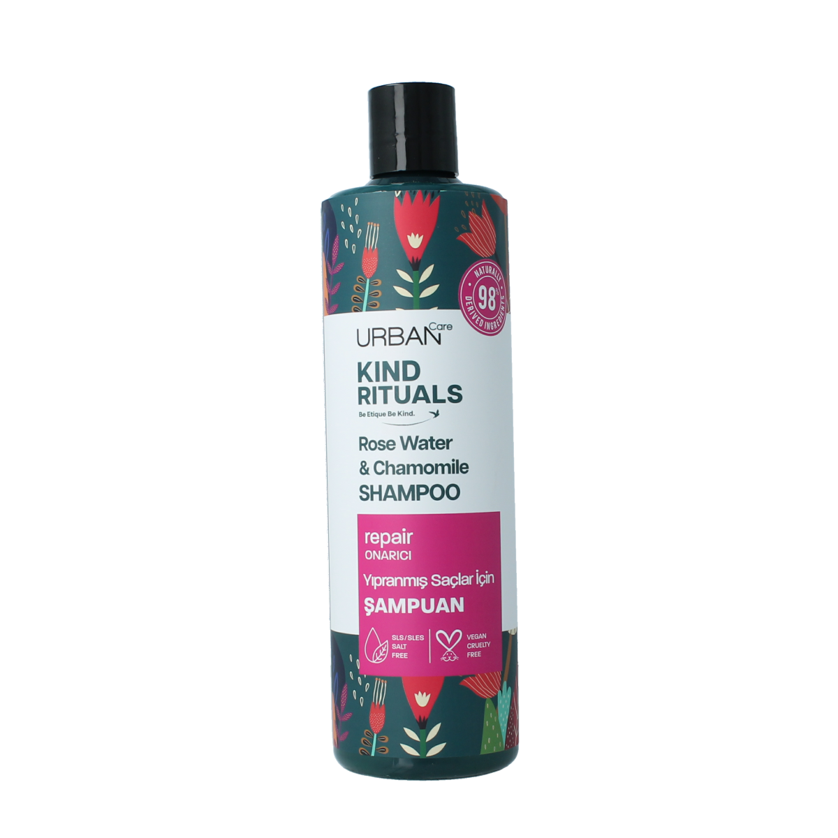 Urban Care Kind Rituals rose water chamomile shampoo bottle, 400ml, for gentle hair care and soothing floral scent.