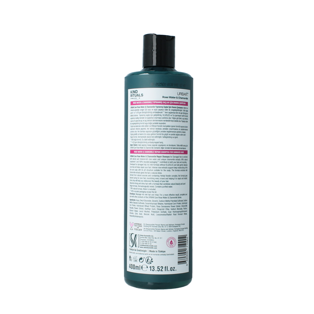 Urban Care Kind Rituals rose water chamomile shampoo bottle, 400ml, in a sleek haircare product image with natural design elements.