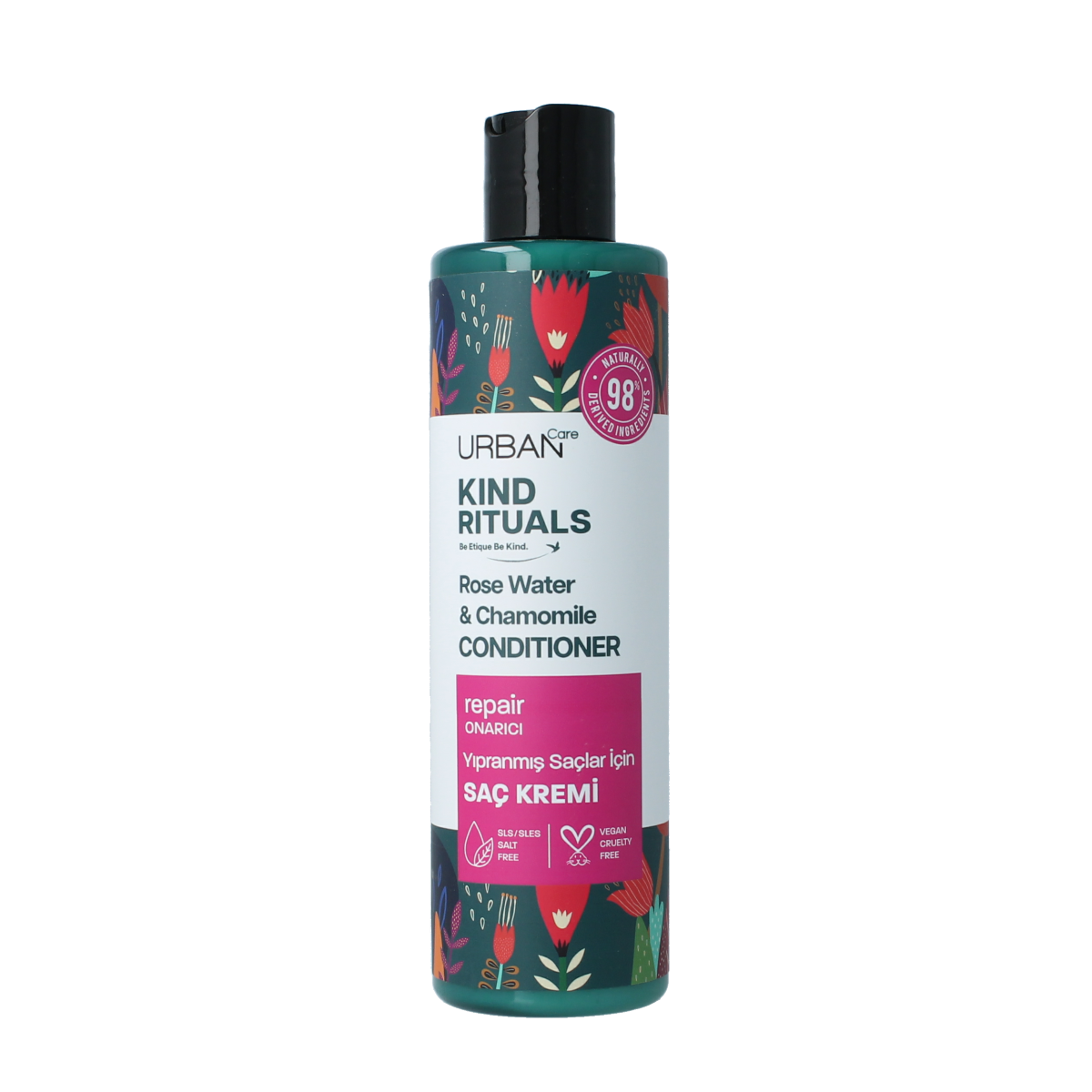 Urban Care Kind Rituals rose water chamomile conditioner 250ml bottle, nourishing hair care product with floral ingredients.