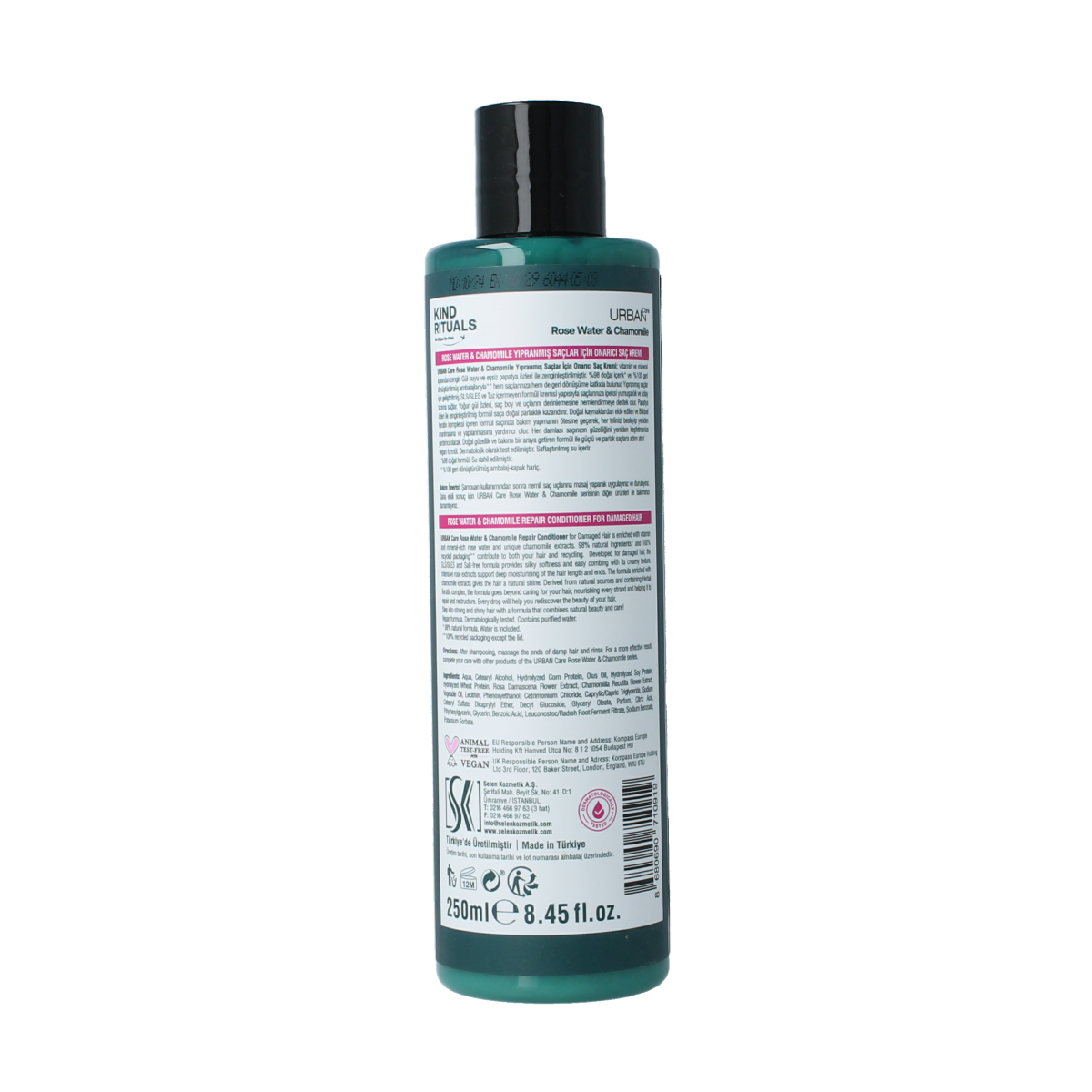 Urban Care Kind Rituals rose water chamomile conditioner bottle, 250ml, for hair care with natural floral ingredients.
