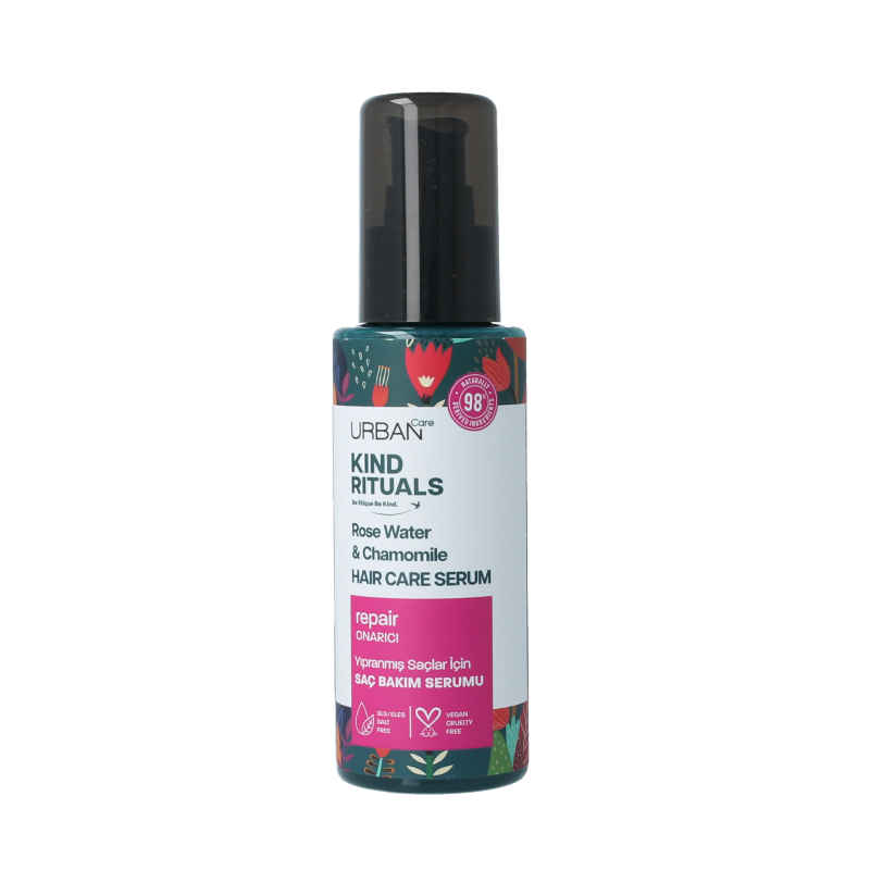 Urban Care Kind Rituals rose water chamomile hair serum in a 100ml bottle, featuring a clear liquid and floral label for hair care.