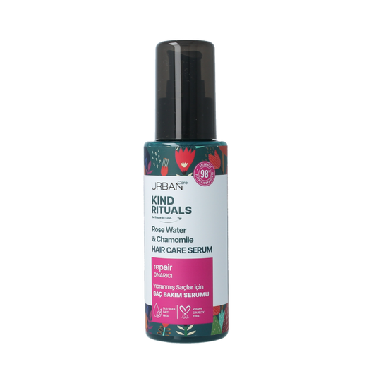 Urban Care Kind Rituals rose water chamomile hair serum in a 100ml bottle, featuring a clear liquid and floral label for hair care.