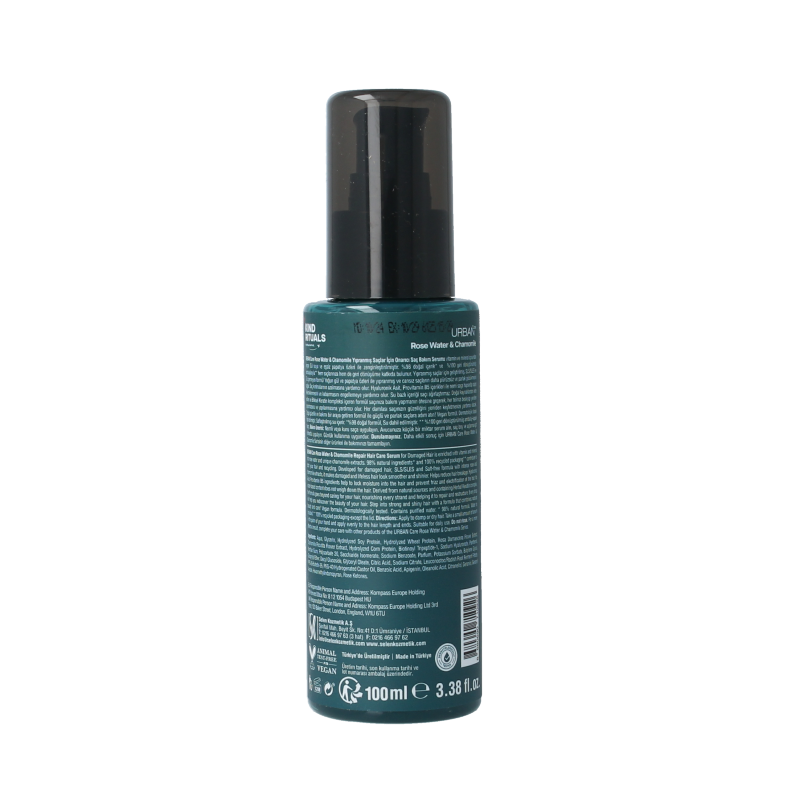 Urban Care Kind Rituals rose water chamomile hair serum in a 100ml bottle, nourishing hair care product with floral ingredients.
