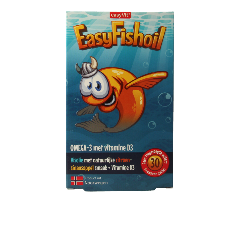 EasyVit Easyfishoil 30 Gummies, Vetzuren supplement bottle with colorful gummy fish-shaped vitamins.
