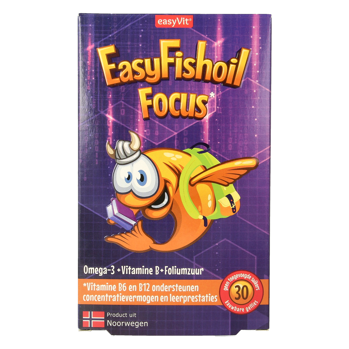 EasyVit Easyfishoil Focus Vetzuren gummies in a clear bottle, showing soft, yellow fish oil gummy supplements.
