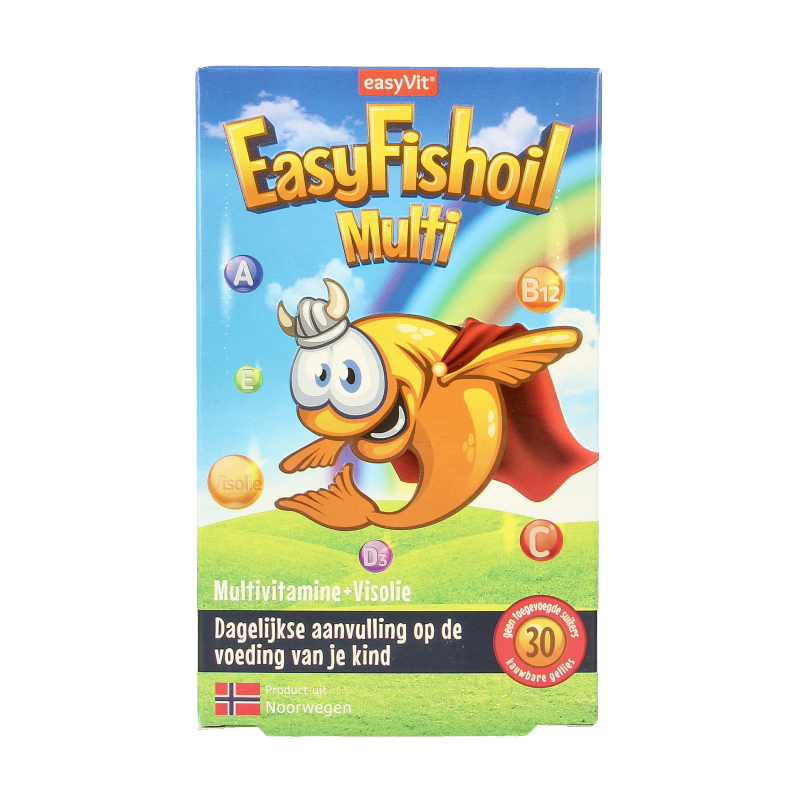 EasyVit Easyfishoil Multi 30 Gummies, soft chews with omega-3 and multivitamins, in a colorful bottle.
