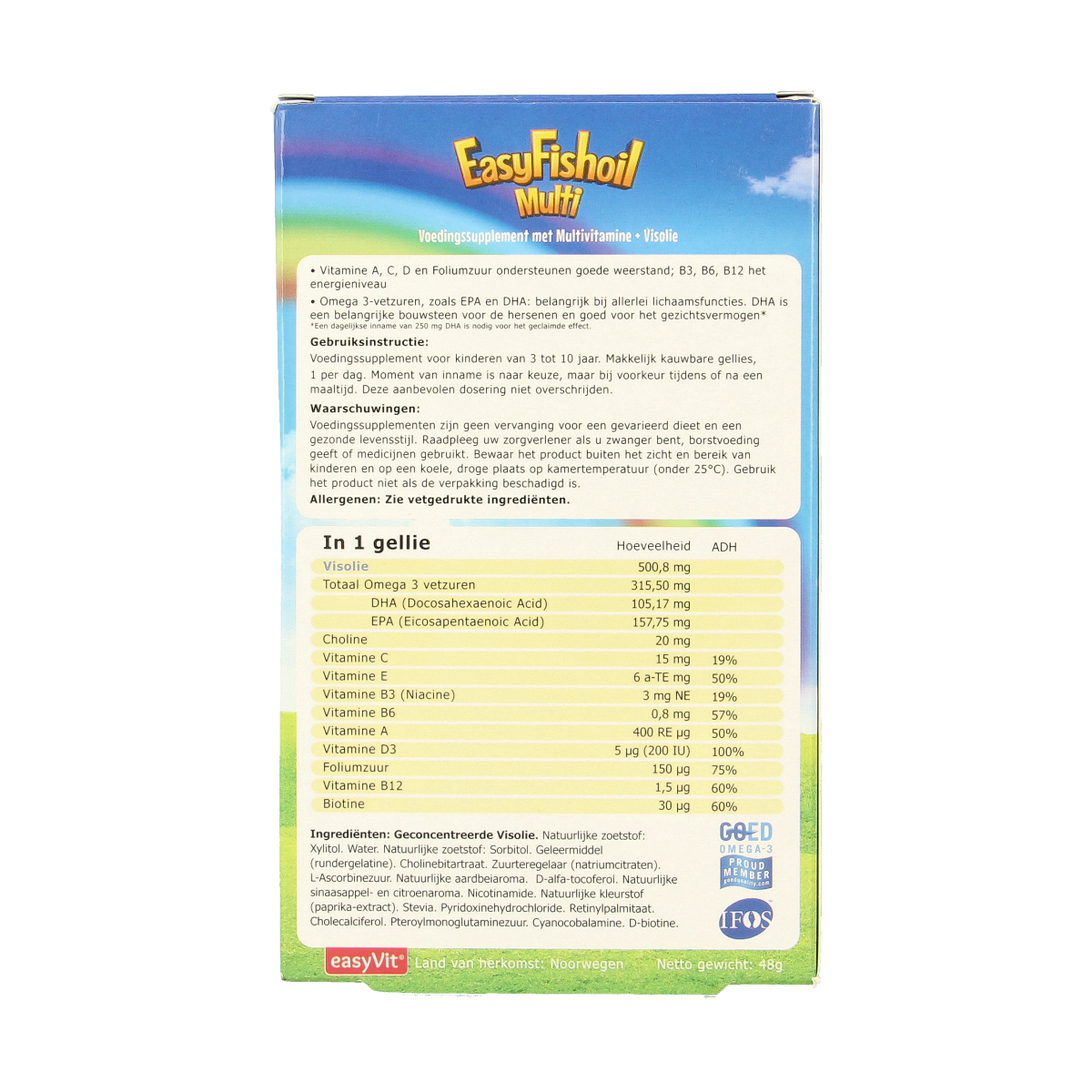EasyVit Easyfishoil Multi gummies, orange flavored multivitamin supplement in a clear bottle with colorful gummies inside.