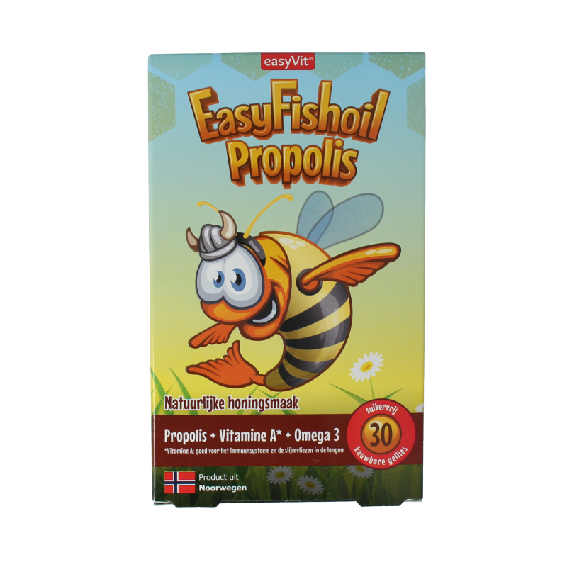 EasyVit Easyfishoil Propolis 30 Gummies from Vetzuren, featuring golden gummies with fish oil and propolis for immune support.