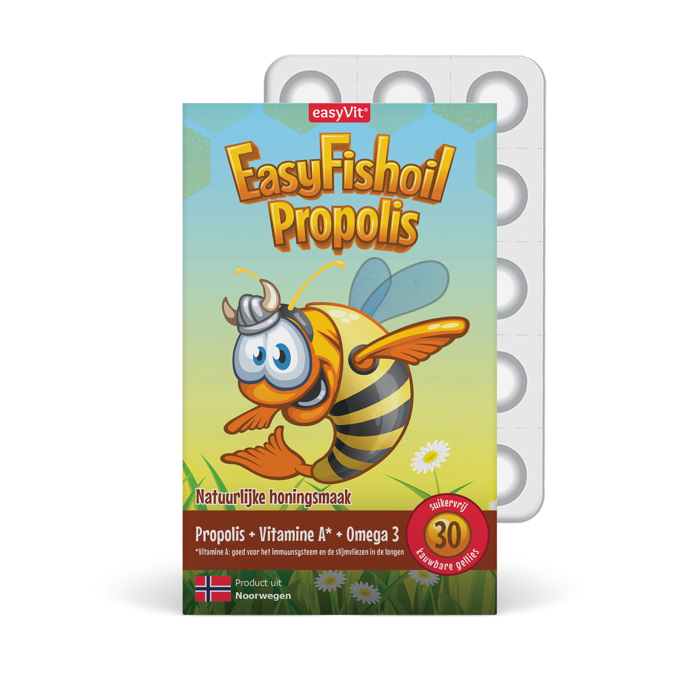EasyVit Easyfishoil propolis Vetzuren gummies in a colorful bottle, showing 30 soft gummies for immune and joint support.