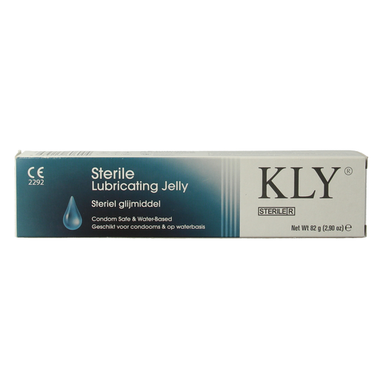 KLY sterile lubricant tube, 82g, smooth gel for personal or medical use, displayed in a clear image.