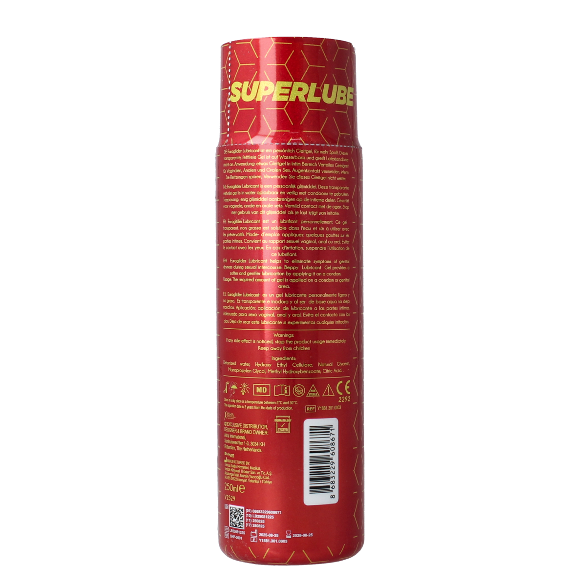 Asha water-based lubricant bottle, 250ml, with clear labeling and cap, designed for smooth, comfortable application.