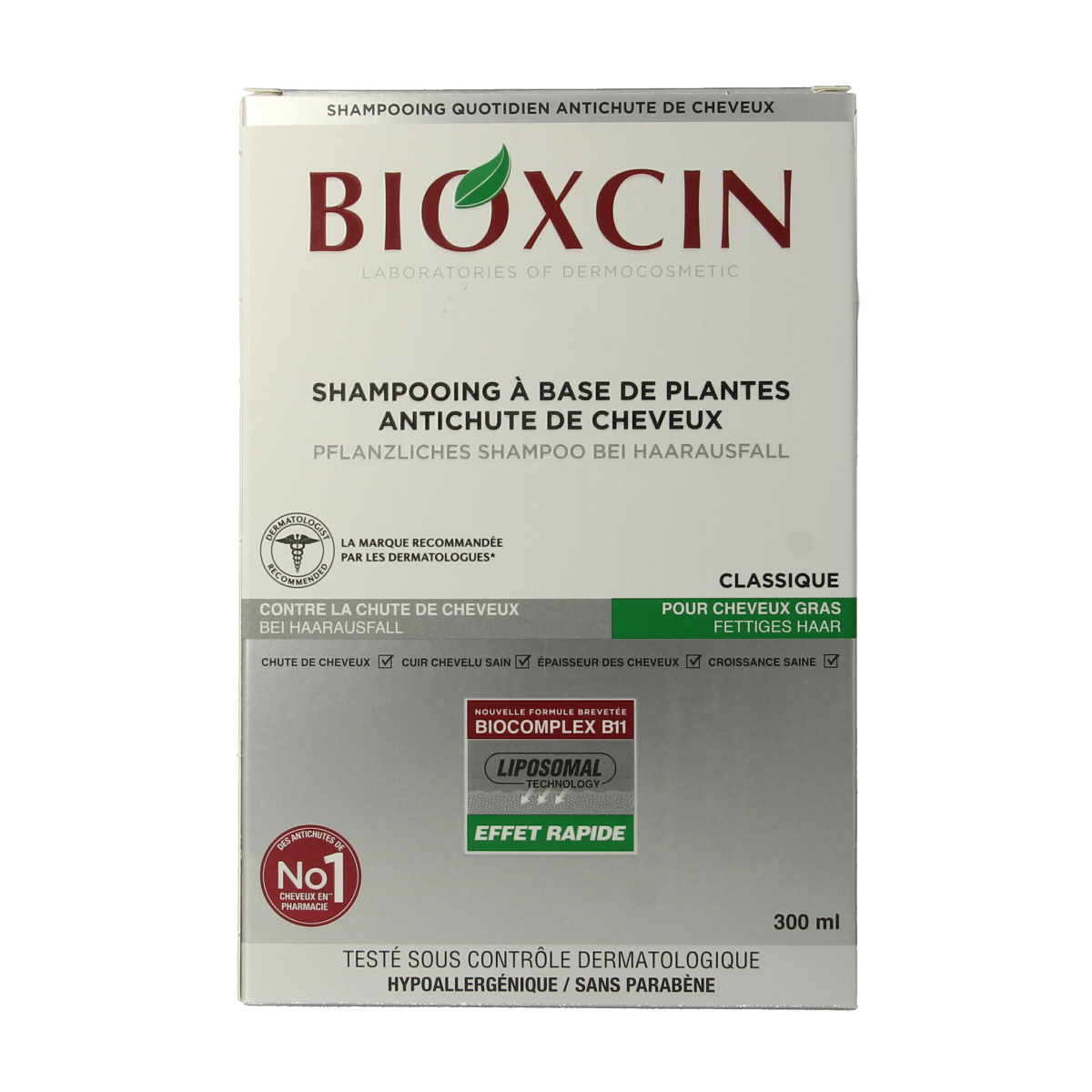 Bioxcin shampoo bottle for hair care, 300 ml, with label displaying brand and product details, on a white background.