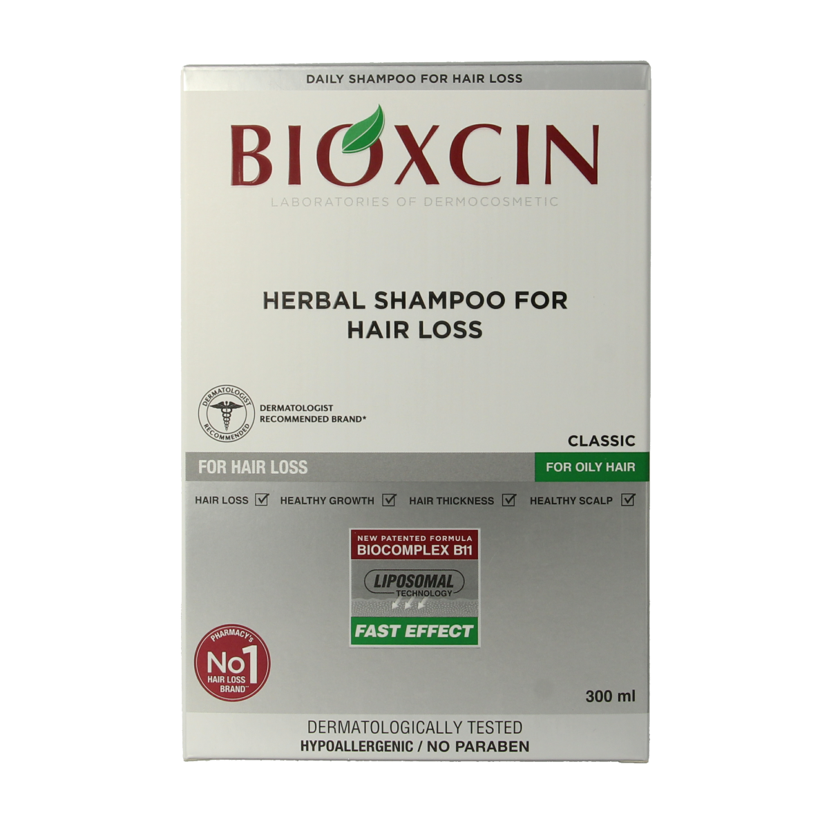 Bioxcin Shampoo vet haar in 300ml bottle, nourishing hair care product for oily scalp and healthy hair.