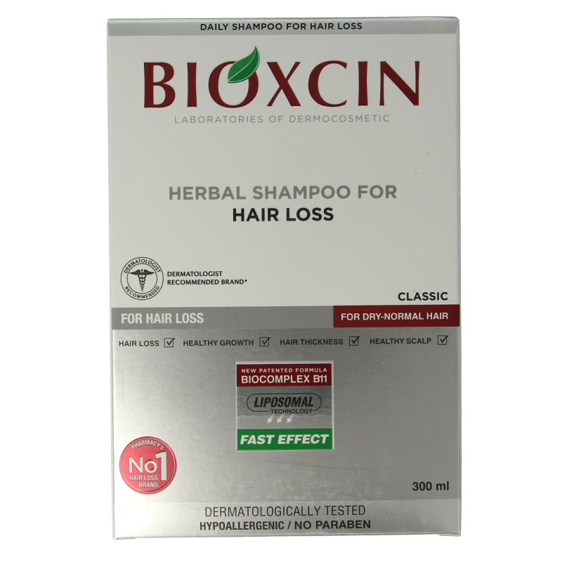 Bioxcin shampoo for normal to dry hair, 300ml, showing the white bottle with blue label and hair care branding